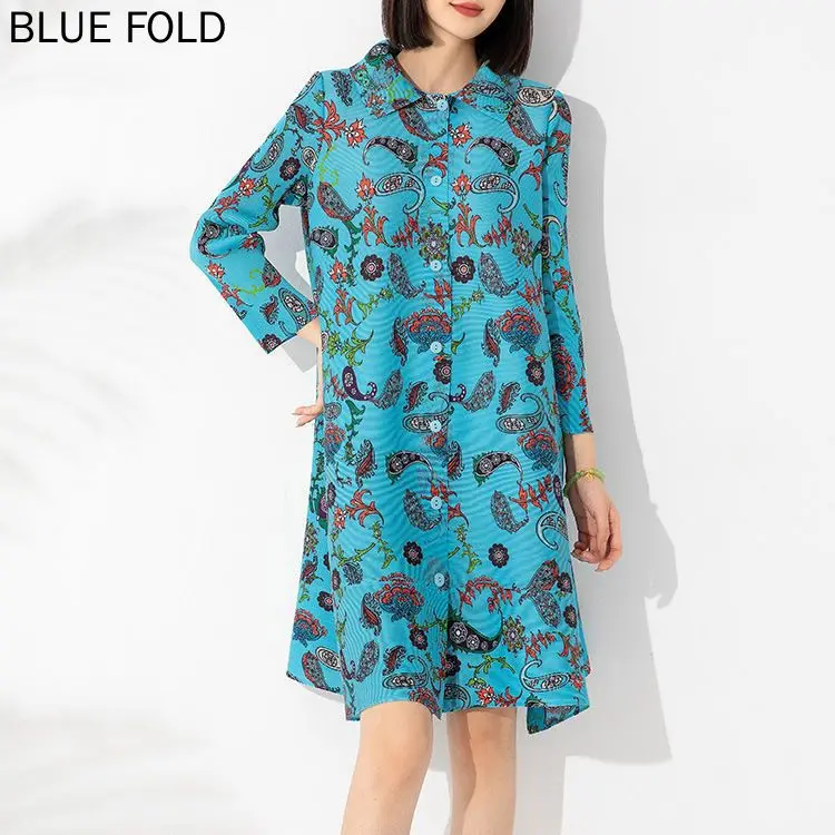 

MIYAKE-Women's Pleated Loose Slim Dress, Square Collar, Breasted Cardigan, Mid-length, Elegant, New Print, Autumn