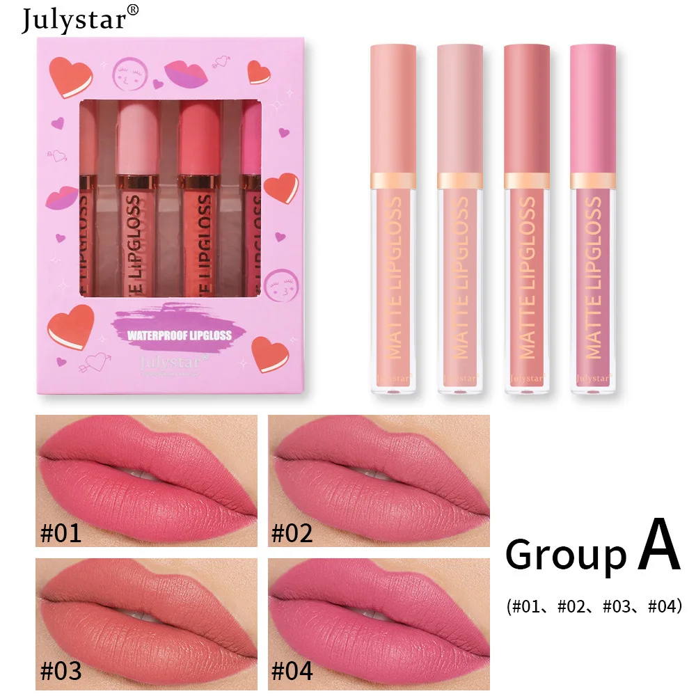 Julystar 4pcs/box Lipstick Set Matte Lip Glaze Multicolor Lip Makeup Women Cosmetic Lasting Non Fading Daily Cosmetics