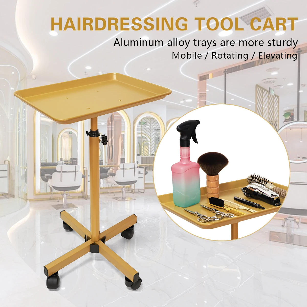 Golden Salon Tray Salon Tray Rolling Cart with Wheel Beauty Spa Tools Display Pallet Adjustable Height Pushcart for Hair Salon