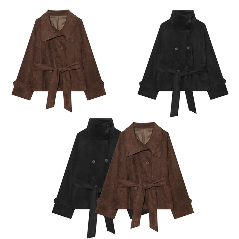 Guobioziy Women's Slim-Fit Suede Belt Trench Coat 2026 Spring-Autumn New Euro-American Casual Fashion Trendy Retro High Street