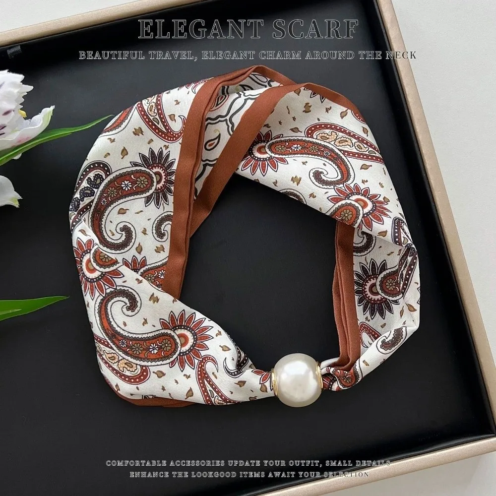 Fashion Magnetic Clasp Pearl Silk Scarf Thin Cashew Flower Neck Scarf Soft Lightweight Neckerchief for Women