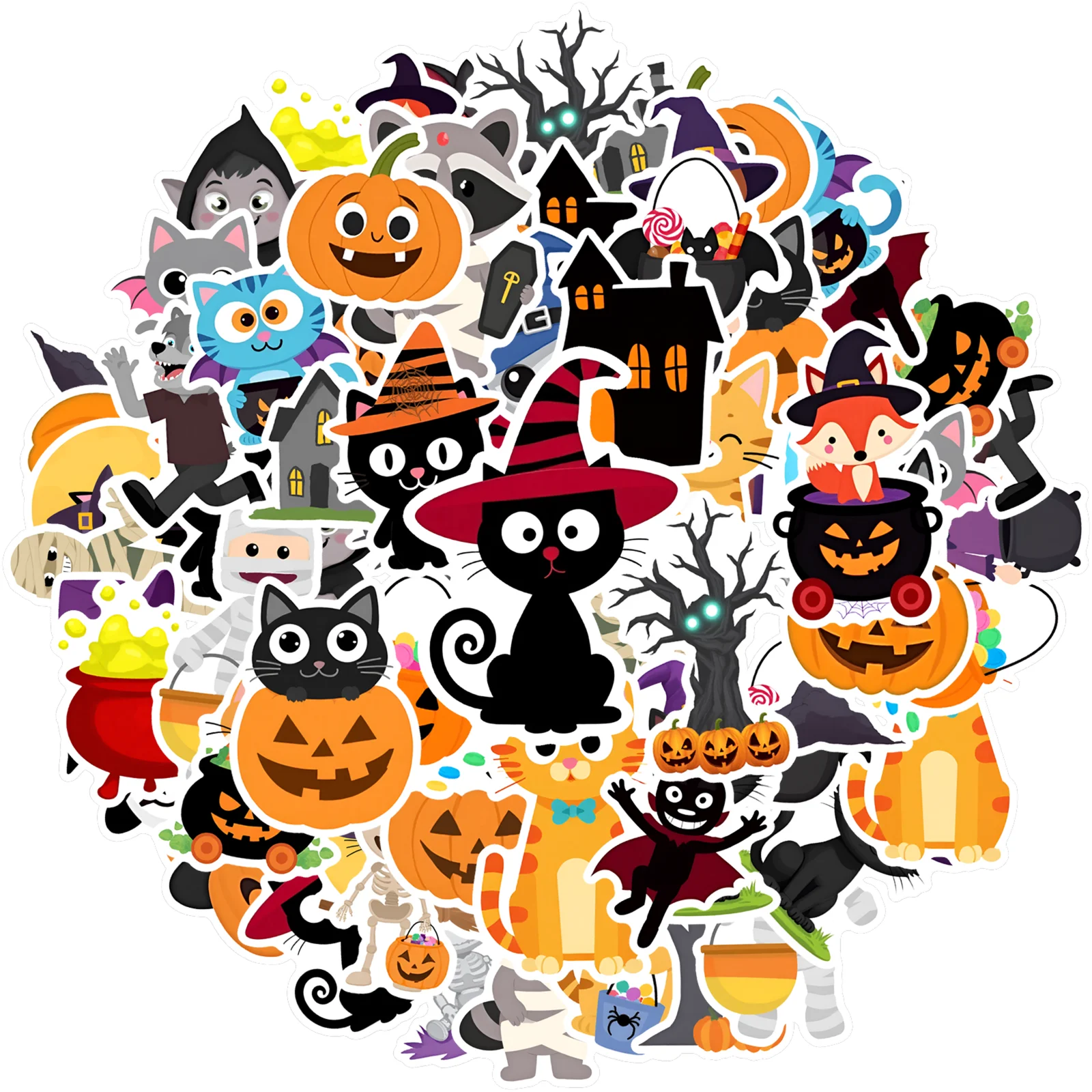 35pcs-50pcs Spooky Halloween Stickers Cartoon Cat Stationery Stickers Animal Stickers For Guitar Laptop Helmet Skateboard