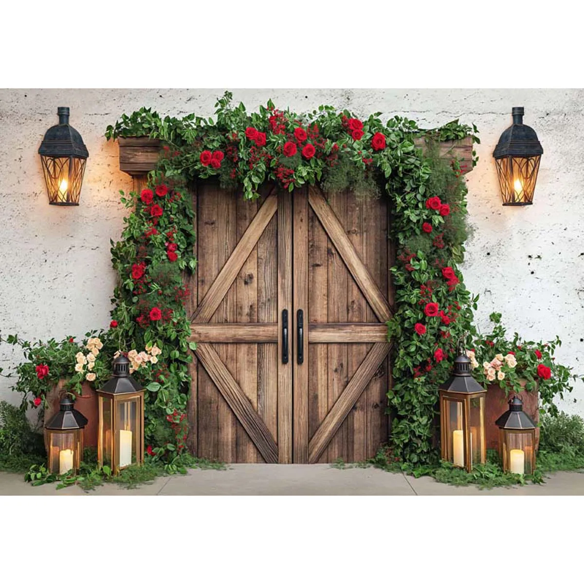 

Allenjoy Spring Rose Lamp Wooden Door Backdrop