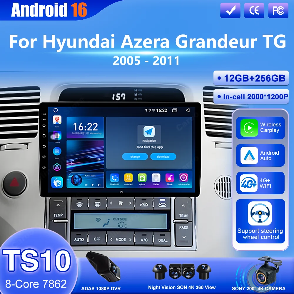 Android 16 Carplay For Hyundai Azera Grandeur TG 2005-2011 Auto Multimedia Video Player Navigation GPS Touch Screen 4G Car DVD