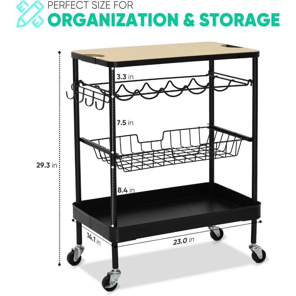 عربة المطبخ المتداول مع رف النبيذ، عربة البار، عربة تقديم بار المنزل على عجلات مع خطاف، عربات الميكروويف للمشروبات المتنقلة، #2