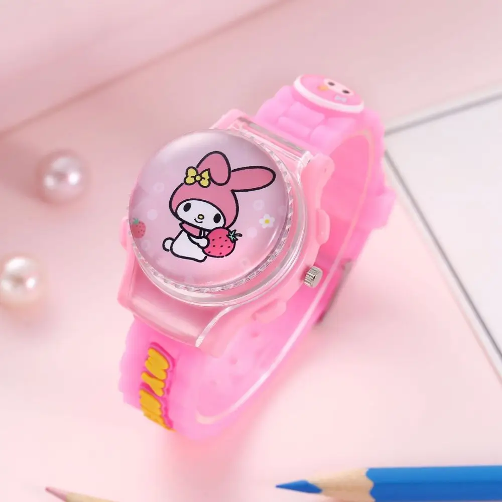 Sanrios Cartoon Watch Anime Kuromi My Melody Cinnamoroll Watch Kawaii Crystal Patch Glowing Decompress Rotating Electronic Watch