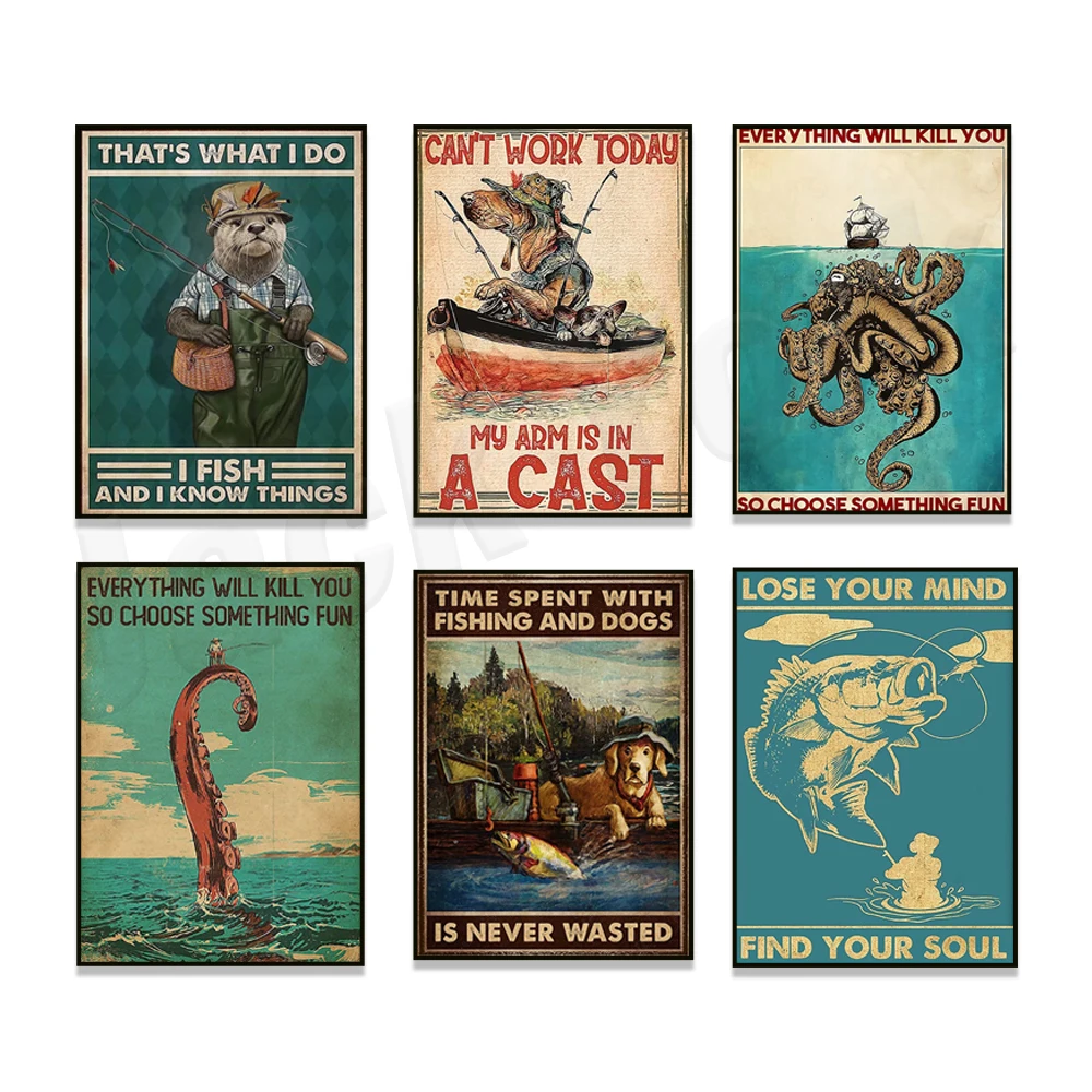 Hundeangeln, Oktopus-Mann-Angeln, Otter-Angeln, Tentakel-Mann-Angeln, Black Cat Fishing Art, Angelposter, Angelgeschenke