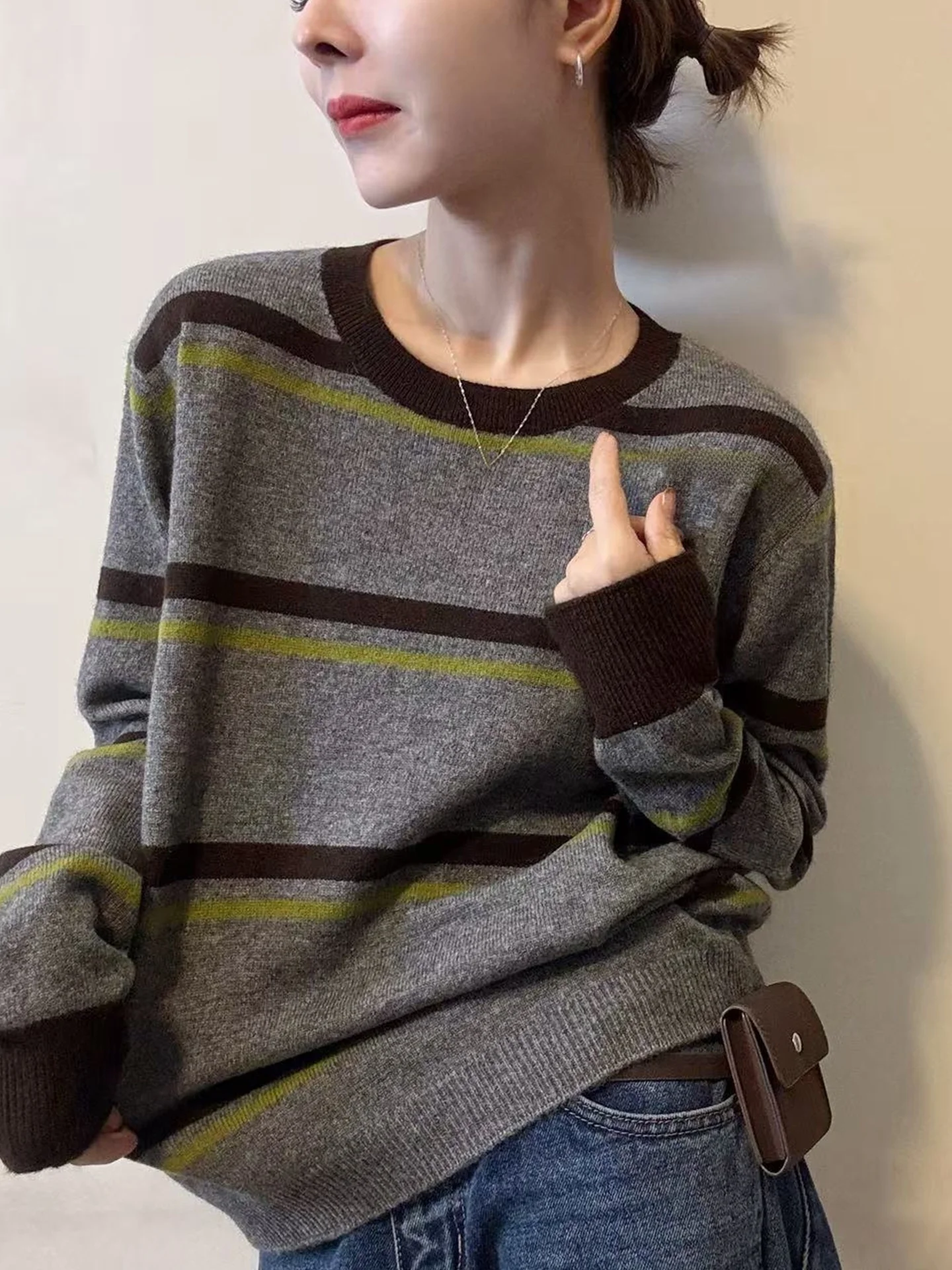 Comfortable Striped Knitwear Long Sve round Ne Pullover Color Blo Slimming Sweater Korean Sle Loose Fit Autumn Top