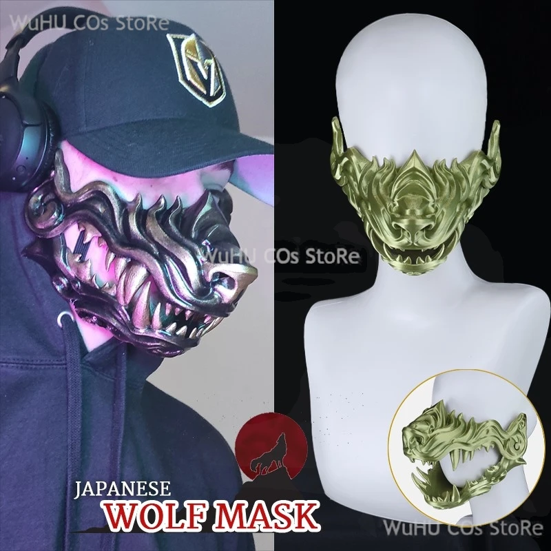 Japanese Wolf Mask Cosplay Demon Oni Samurai Kabuki Hannya Half Face 3D Mask Halloween Carnival Party Costume Props