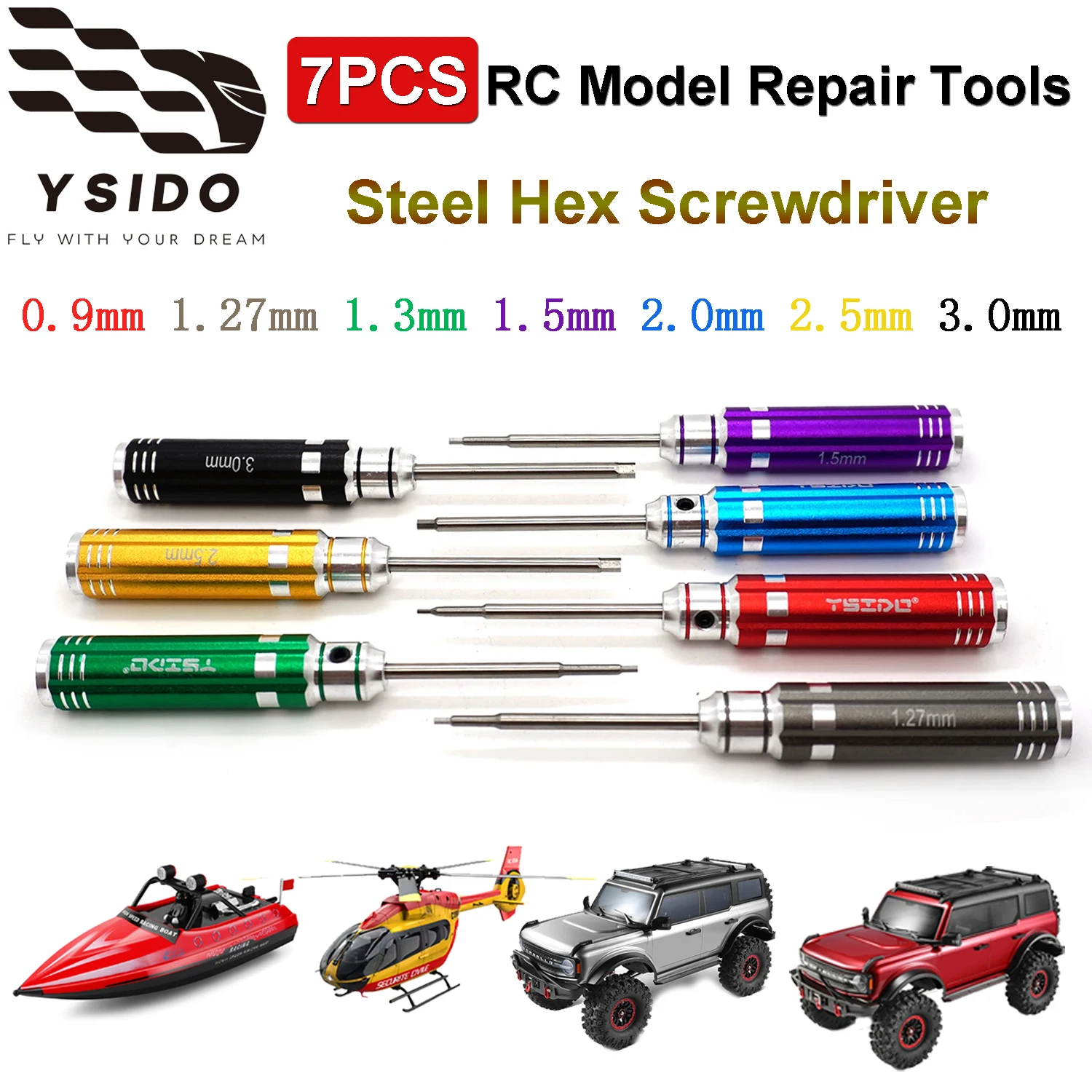 

7Pcs YSIDO 0.9mm 1.27mm 1.3mm 1.5mm 2.0mm 2.5mm 3.0mm Hex Screwdriver Set for Traxxas Axial RC Car Drone Boat Model Repair Tools