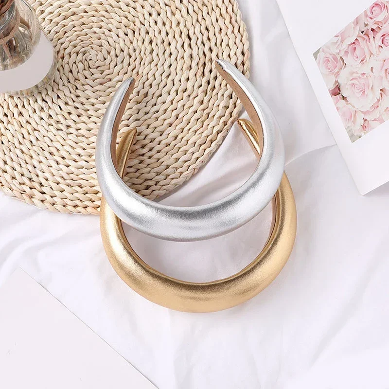 Luxury Women PU Padded Wide Headband Solid Sweet Gold Silver Color Lady Sponge Hair Hoop Vintage Party Stretchy Thick Headpiece