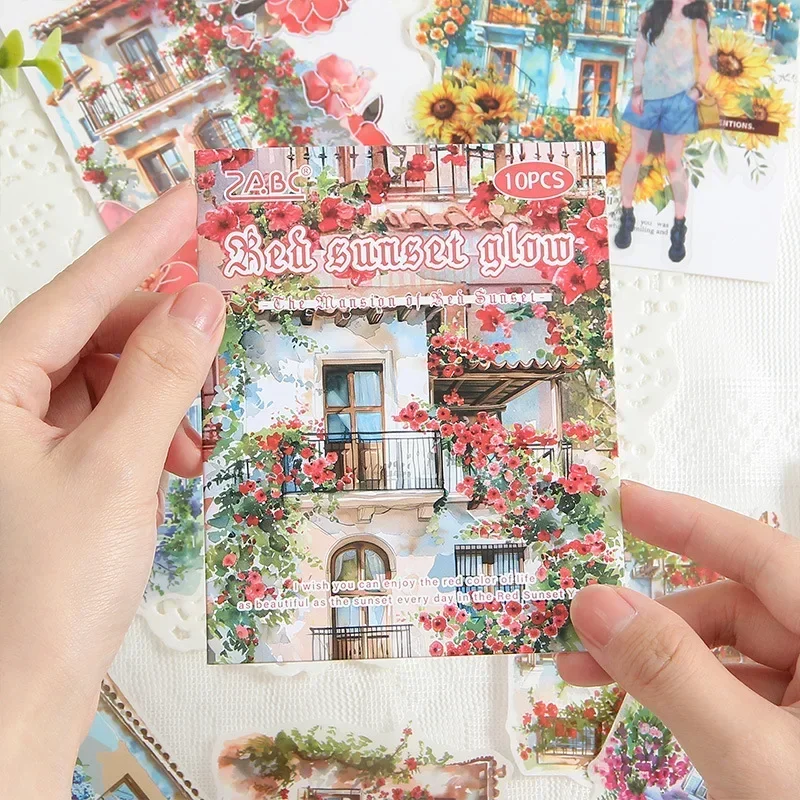 10 Pcs/bag Watercolor Mansion with Plants Flowers Washi Paper Sticker Bag Scrapbook Journaling DIY Decorative Collages