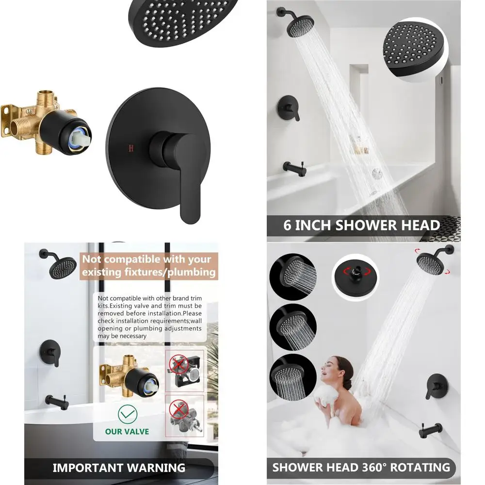 Single-Handle Matte Black Tub Shower Faucet Set with 6 Rain Shower Head & Tub Spout