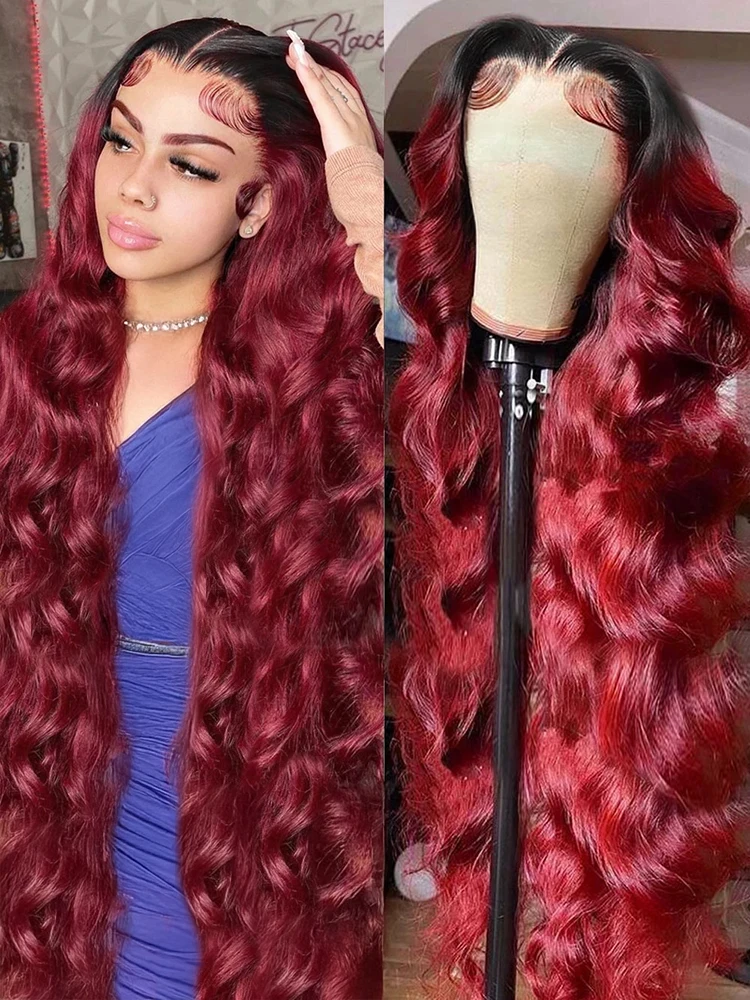 Burgundy 13x4 99J Human Hair Wig Colored HD Lace Frontal Wig Blonde Ombre 7x5 Body Wave Lace Front Wig Brazilian Glueless Wig ﻿