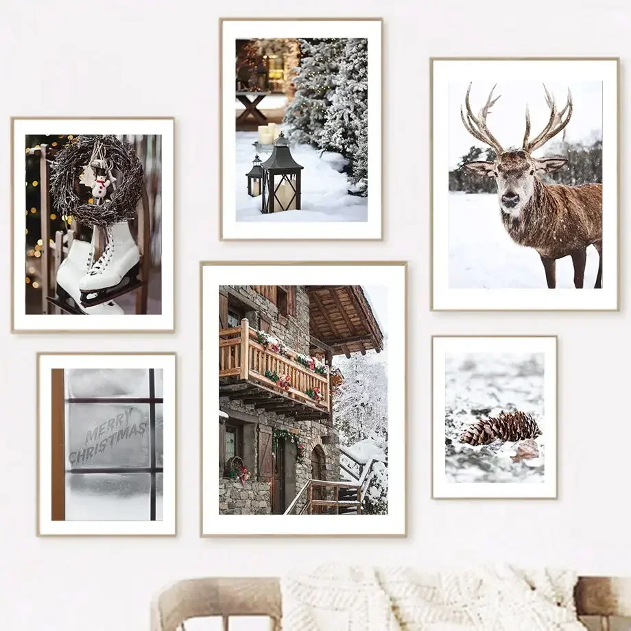 Canvas Painting Nordic Posters Prints Winter Forest Deer Christmas Pine Cone Tree Heart Wall Art Pictures For Living Room Decor