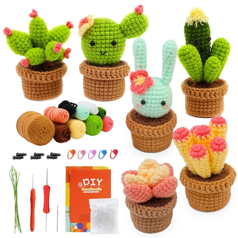 

IMZAY DIY Beginner Unfinished Creative Crochet Material Package Cactus Potted Plant Knitting Kit Keychai Key Holder Crochet Set