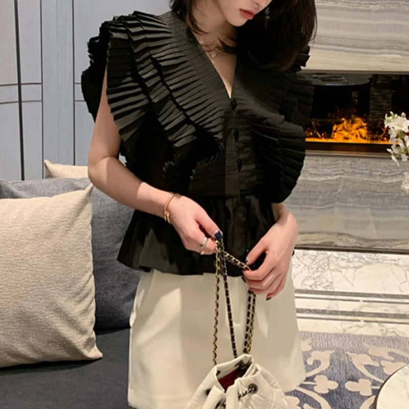 

Women's V-ne Svel irt Pleated Flounce Hem Commute Sle Slim Fit Polyester Fiber Pure Color Summer Faion