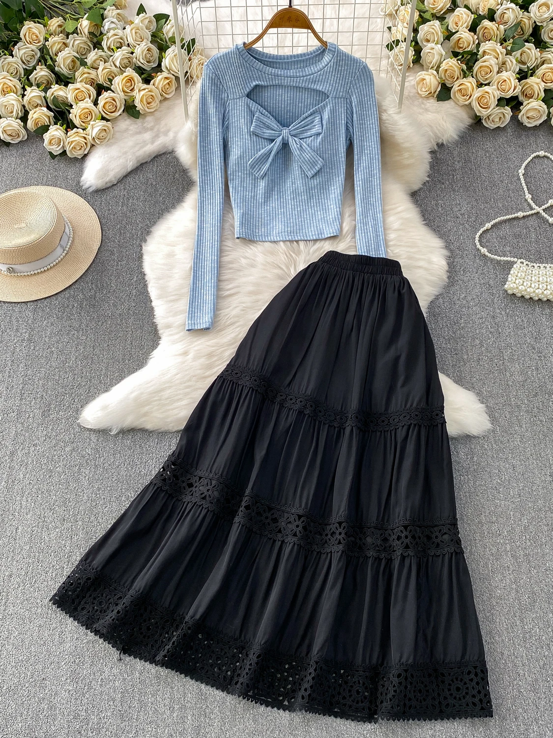 

Sexy Hollow out Knitted Top High Waist Slim Fit Lace Splicing Umbrella Skirt Two Piece Set round Neline Faionable Commute...
