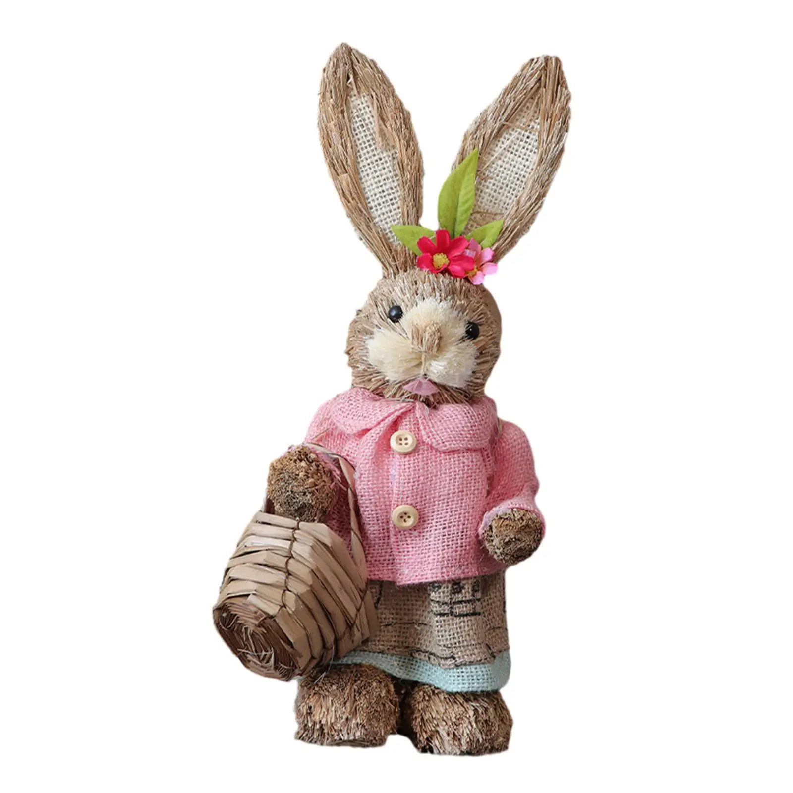 Animal Sculpture Easter Bunny Figurine Straw Rabbit Statue Outdoor Garden Decor Cute Ornament for Farmhouse Patio Lawn Porch