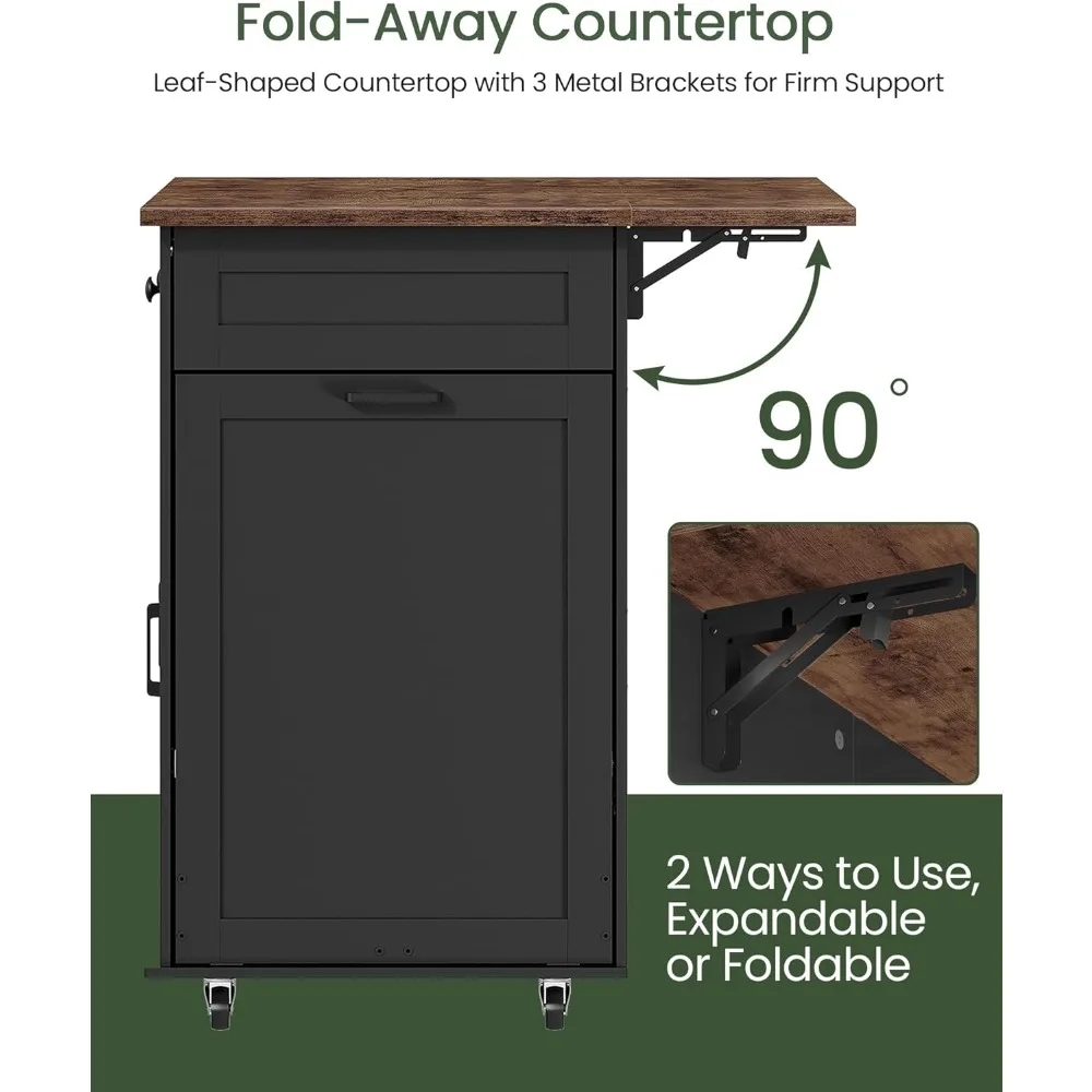 طاولة جزيرة المطبخ المتحركة مقاس 51.2 بوصة مع سطح قابل للطي، عربة جزيرة المطبخ مع مساحة تخزين، خزانة سلة المهملات، درجين، رف توابل #5