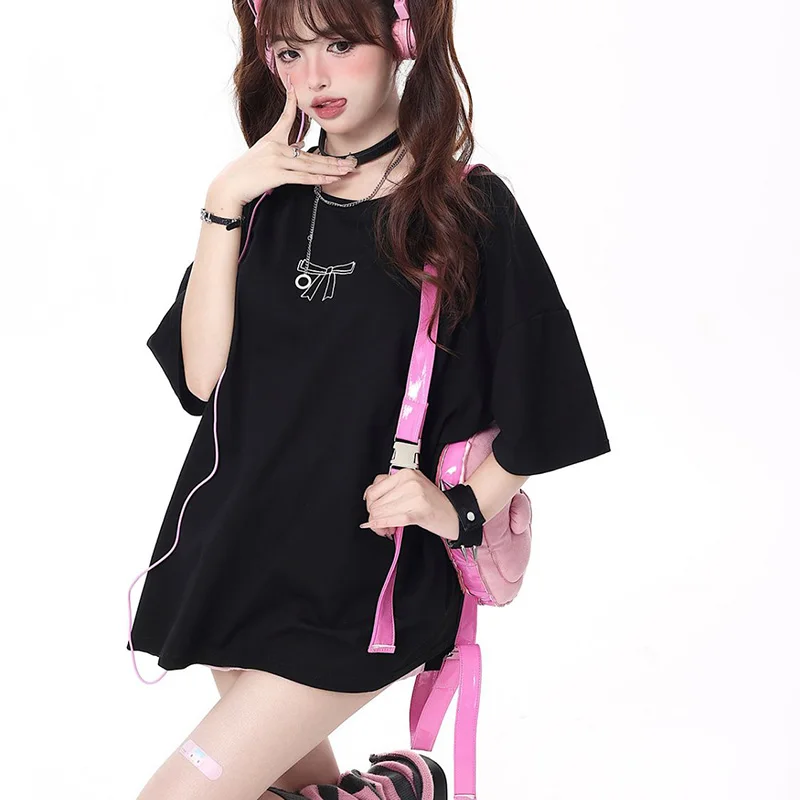 Lace-Up T-Shirt Women Pacthwork Loose Casual Bow Black Tops Harajuku Y2K Medium-Length Pullover Basic Solid Female Tees