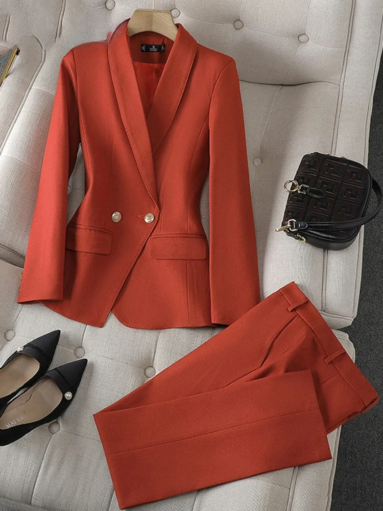 Yitimuceng Office Wear Women Suit Set New Lady Double Breasted Suit Collar Stylish Long Sleeve Blazers + Classic Solid Pant Suit