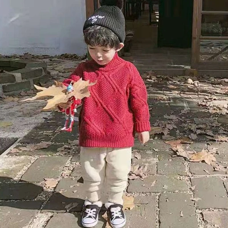 Boys Girls Turtleneck Sweater Red Thick Knit Pullover Kids Korean Style Autumn Winter Warm Base Layer Top Fashion