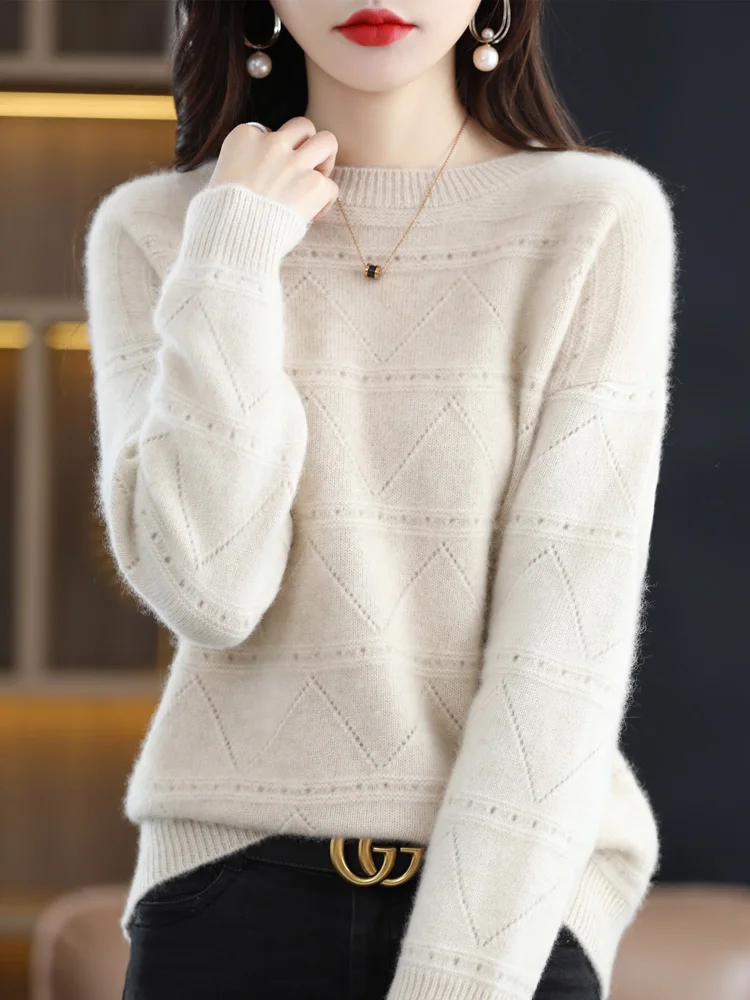 New Warm Sweater For Women O-neck 100% Merino Wool Hollow Out Pullover Autumn Winter Solid Color Stripe Diamond Clothing Tops