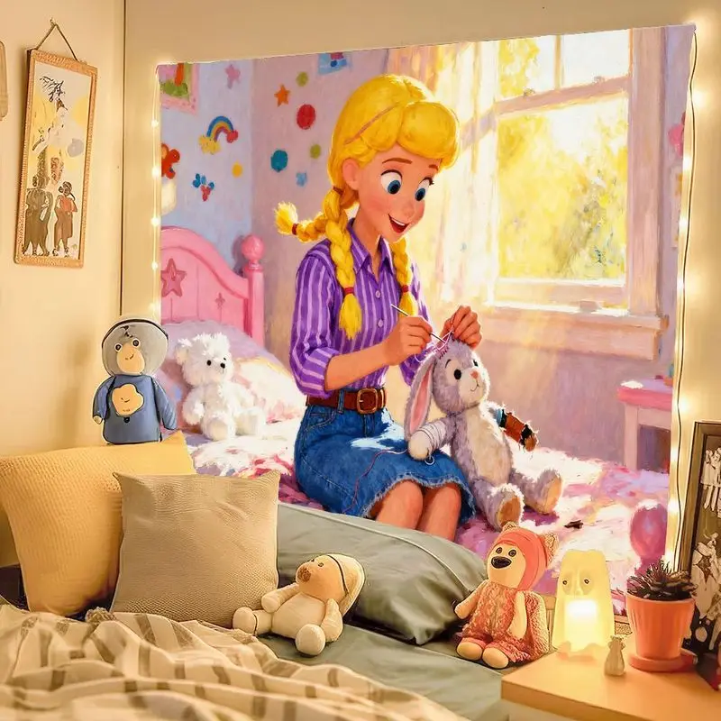 1 Buah Tapestry Kelinci Lucu Bergaya Kartun Gadis Pedesaan, Hiasan Dinding Kawaii dari Poliester untuk Kamar Anak, Kamar Tidur, Hadiah