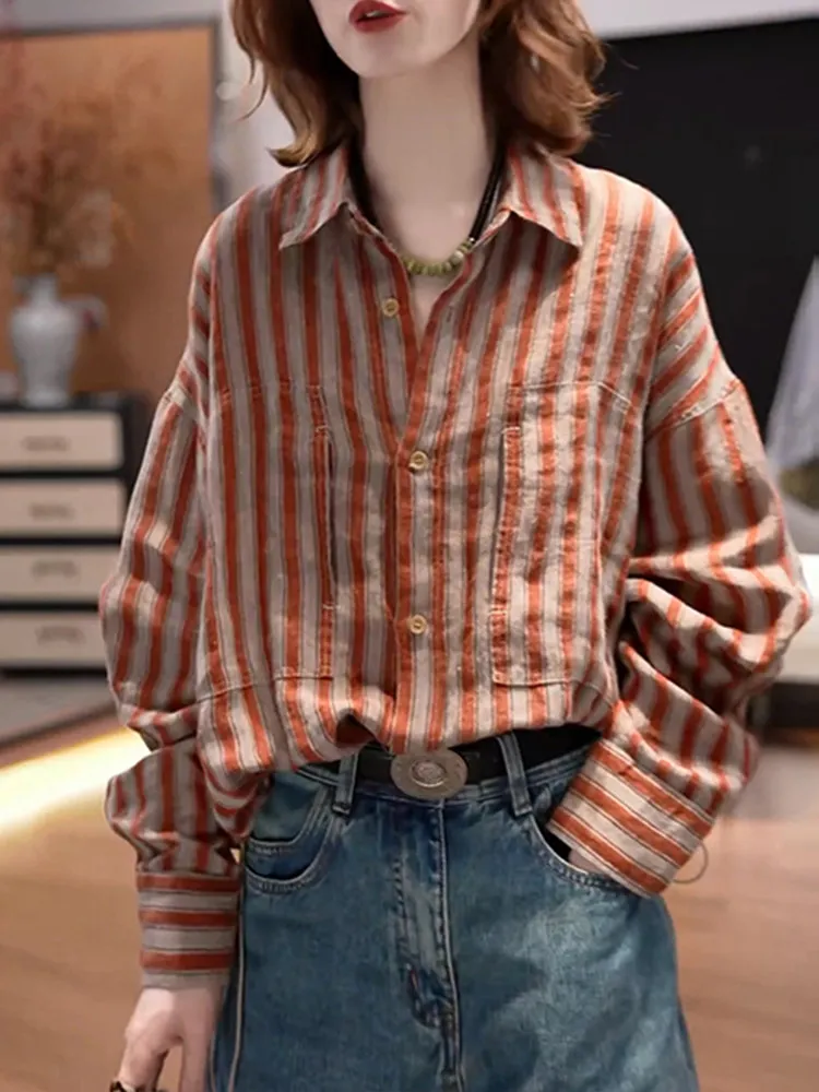 

Повседневная женская рубашка в полоску с длинным рукавом, свободного кроя, весна 2026, новинка, на пуговицах, для офиса, с эффектом стройности, повседневная одежда