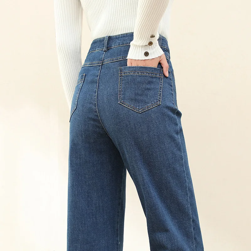 Jean Denim Évasé à Jambes Larges pour Femme, artificiel astique, Taille Haute, Droit, Extensible, Mode, Poches, Printemps, Automne