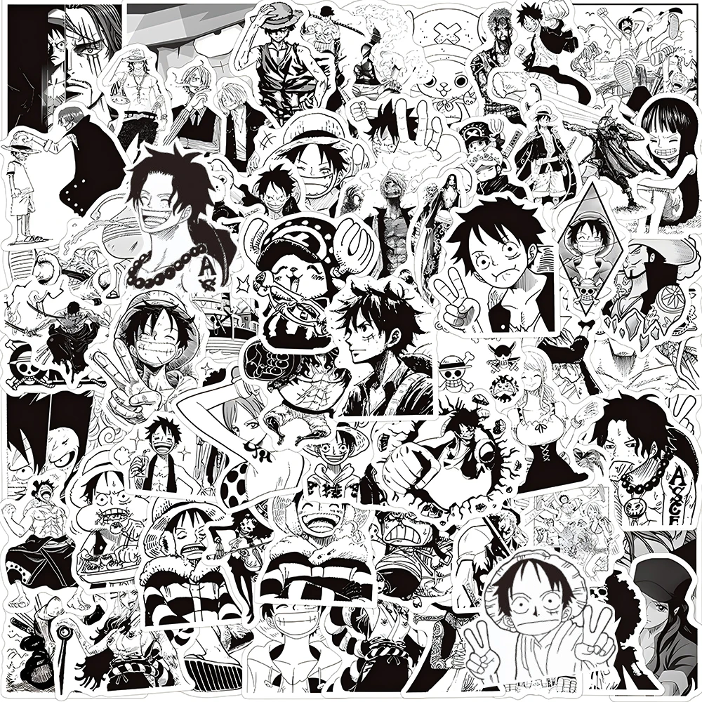 10/30/50/120 Uds. Pegatinas de dibujos animados de Luffy Zoro blanco y negro, calcomanías de una pieza de Anime, maleta, motocicleta, portátil, coche, pegatina decorativa fresca