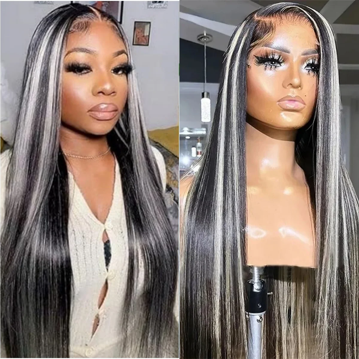 블랙 하이라이트 그레이 가발 본 스트레이트 레이스 프론트 가발 13x4 HD 레이스 프론탈 가발 합성 고품질 내열성 데일리 착용