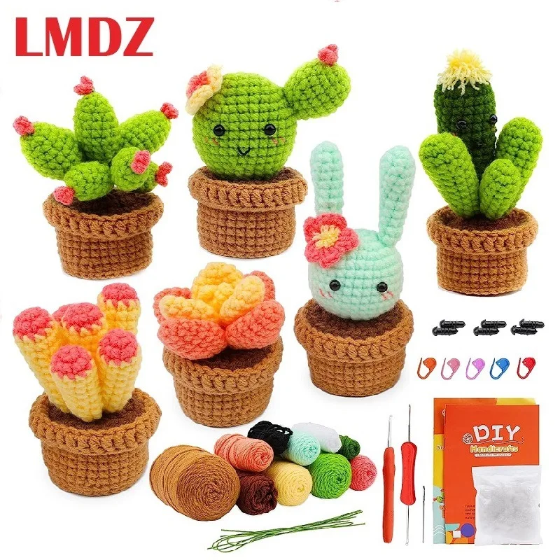 1Set Cactus Desktop Decoration Doll DIY Crochet Kit with Yarn Random Color Hook Knitting Accessories for Starter Beginners