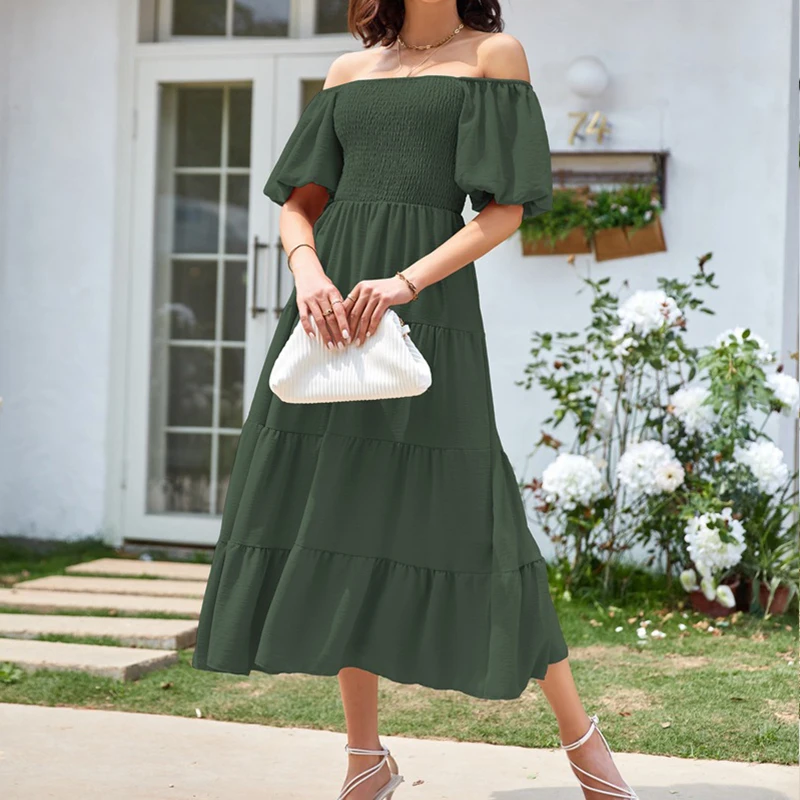 الصلبة المرأة الصيف فستان ماكسي الشارع الشهير ساحة الرقبة عارية الذراعين نفخة الأكمام فستان الشاطئ مطوي قصيرة الأكمام فساتين طويلة