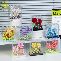 HUIQIBAO MOC Bouquet Sunflower Potted Plant Micro Building Blocks Eternal Flower Model DIY Home Desk Decoration Brick Toys Gift