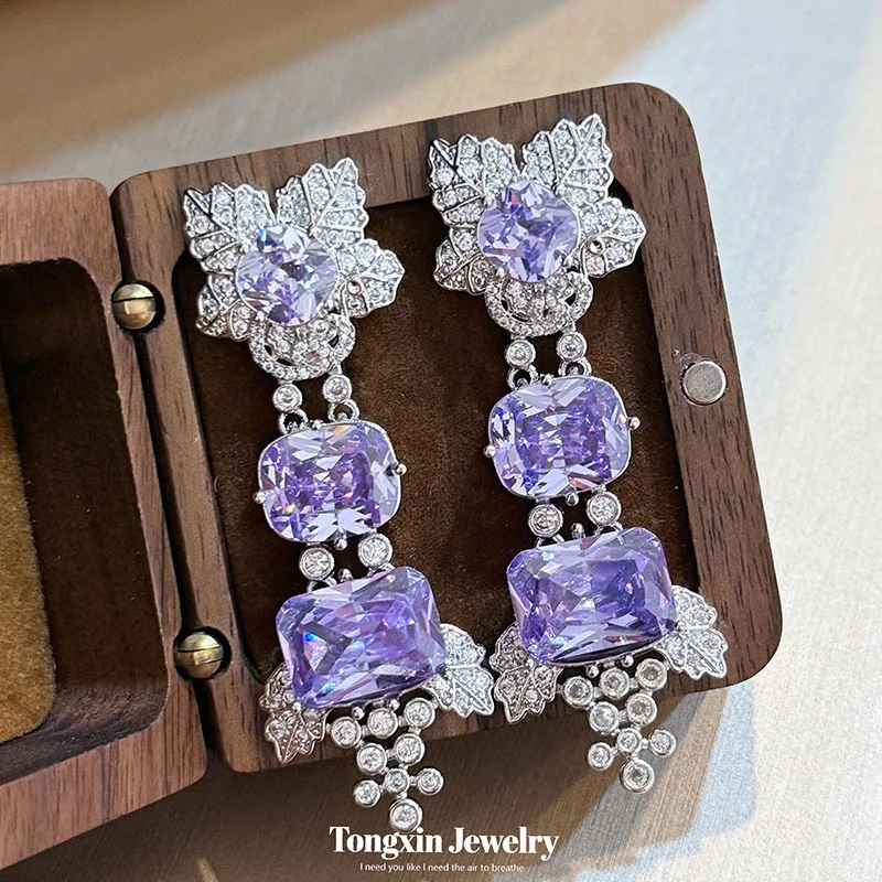 Fashionable purple diamond flower leaves earrings senior sense temperament retro diamond romantic purple earrings