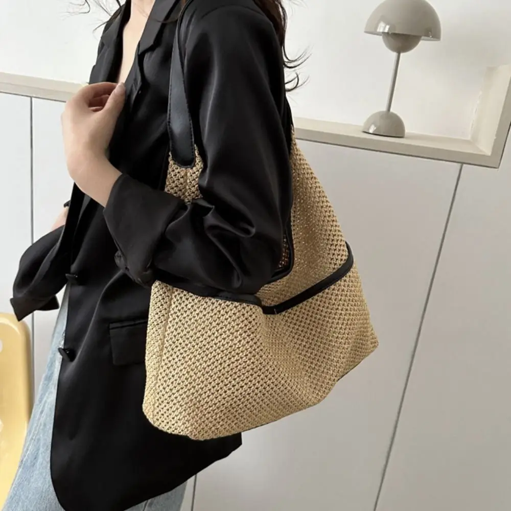 Bolsa de ombro de palha com bolso Bolsa tecida cáqui Bolsa de axilas estilo coreano, grande capacidade para compras, moda