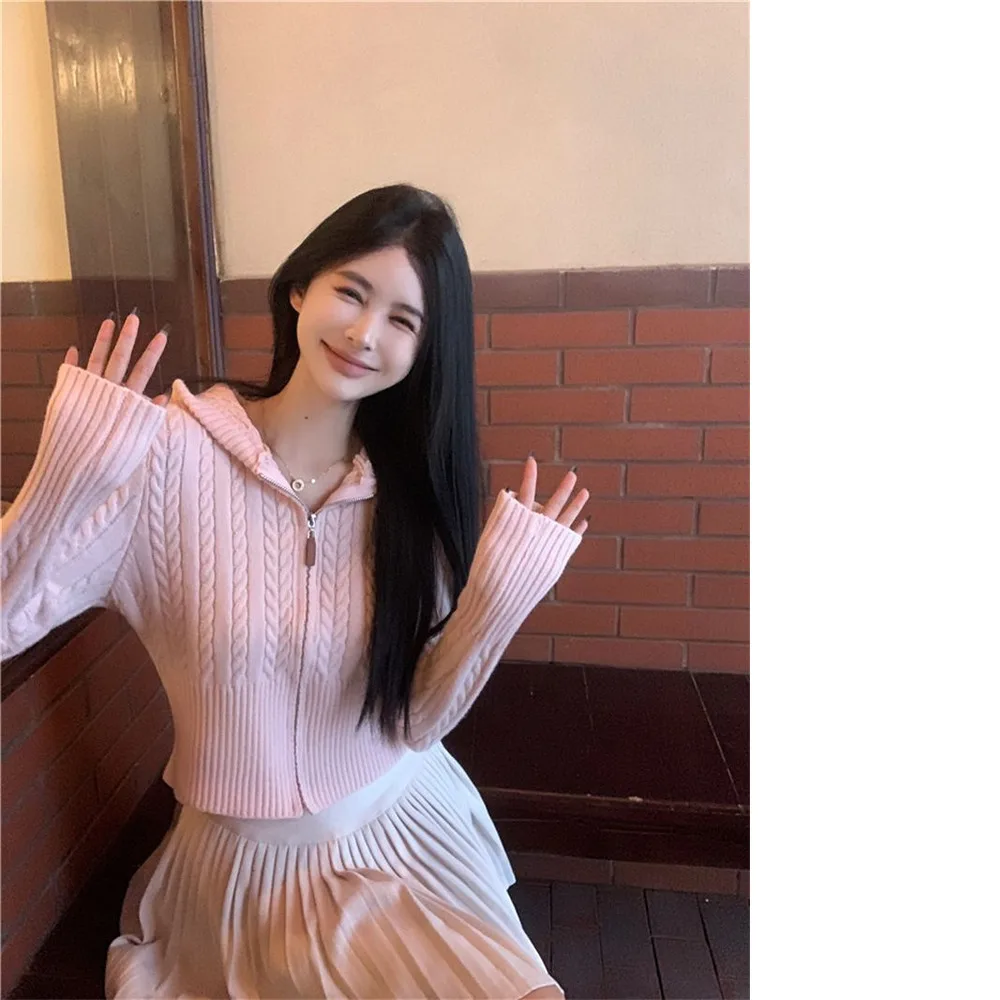 

Gentle Style Pink Hooded Cable Knit Sweater Cardigan For Women, Autumn And Winter, Petite Slim Fit Short Knitwear