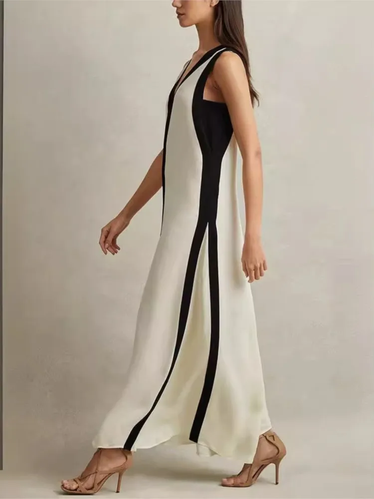 فستان طويل مثير بدون أكمام للمرأة الصيف الترفيه موضة اللون حظر فستان فضفاض السيدات أنيقة التنقل ألف خط Vestidos #3