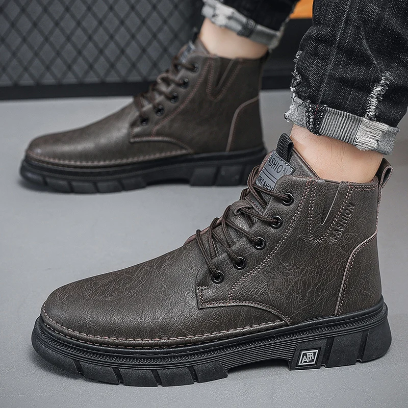 Men Motorcycle Boots Vintage Solid Outdoor Comfortable Walking Boots Casual Versatile High Top Shoes Ankle Flat Boots Male 39-44