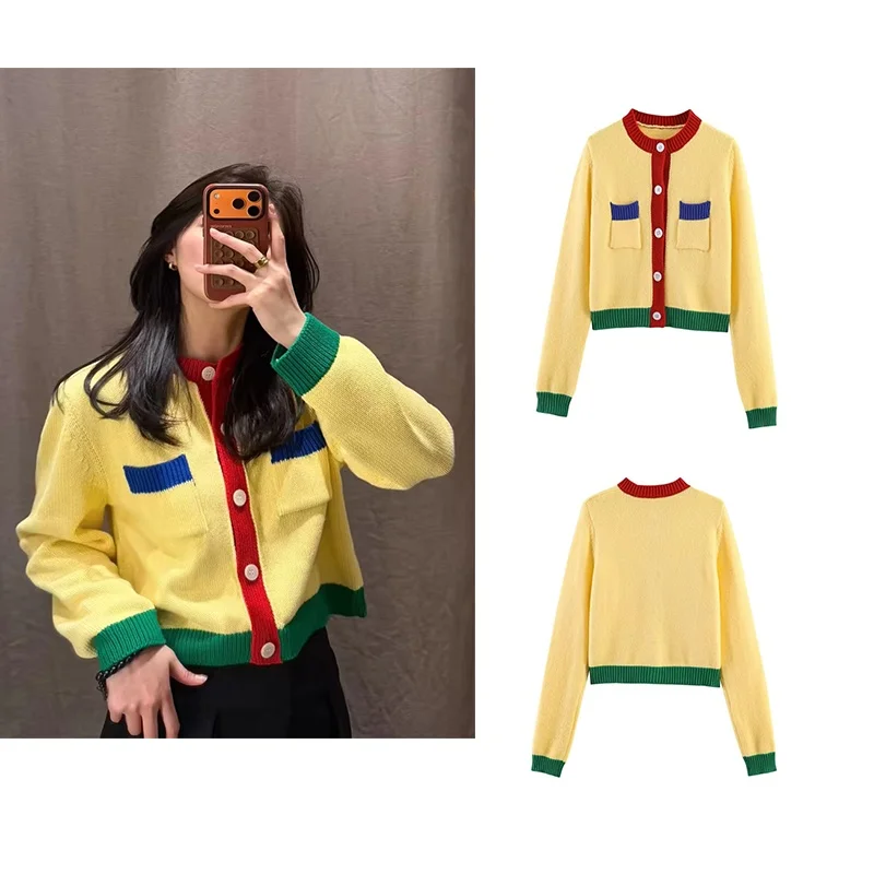 Women's Jacket 2026 Summer New Yellow Long Sleeve Color-block Decorative Knitted Cardigan Jacket Casual Fashion Focus
