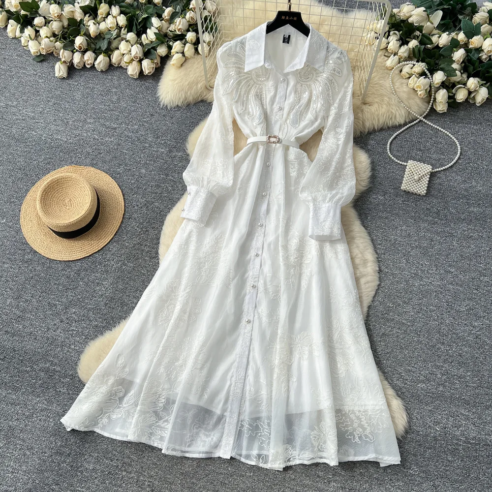 

Women Solid Beaded Dresses Embroidery Ankle Lenth Dress Turn Down Collar Waist White Single Breasted Casual Elegant 2025 Autumn