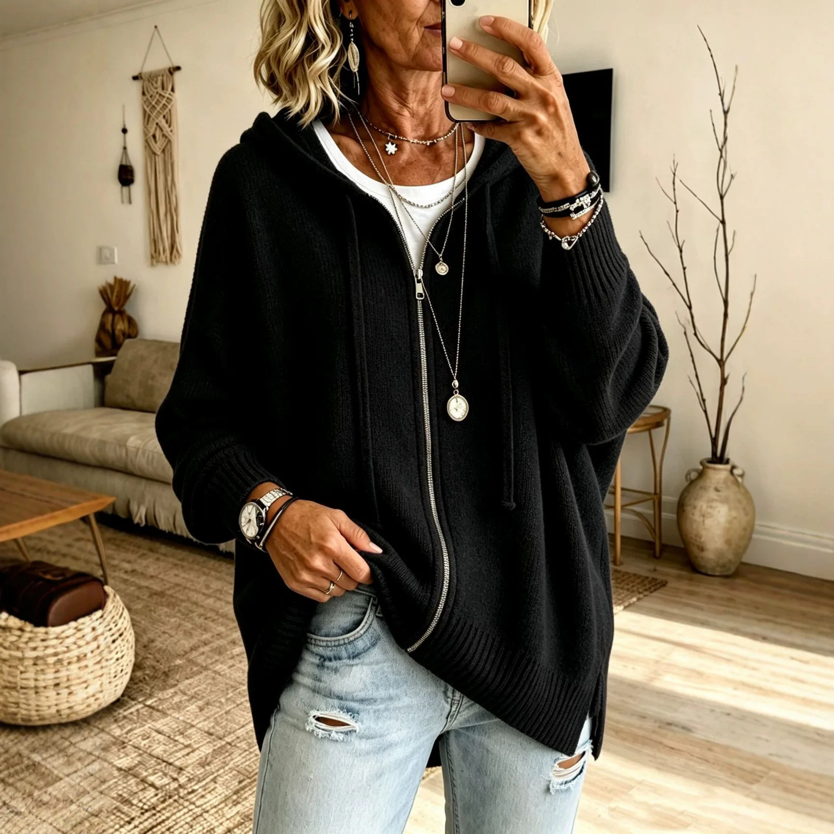 Women Zipper Hoodies Sweaters Solid Knit Long Sleeve Jumpers Casual Splice Warm Thick Sweater Cardigan Streetwear Autumn Winter