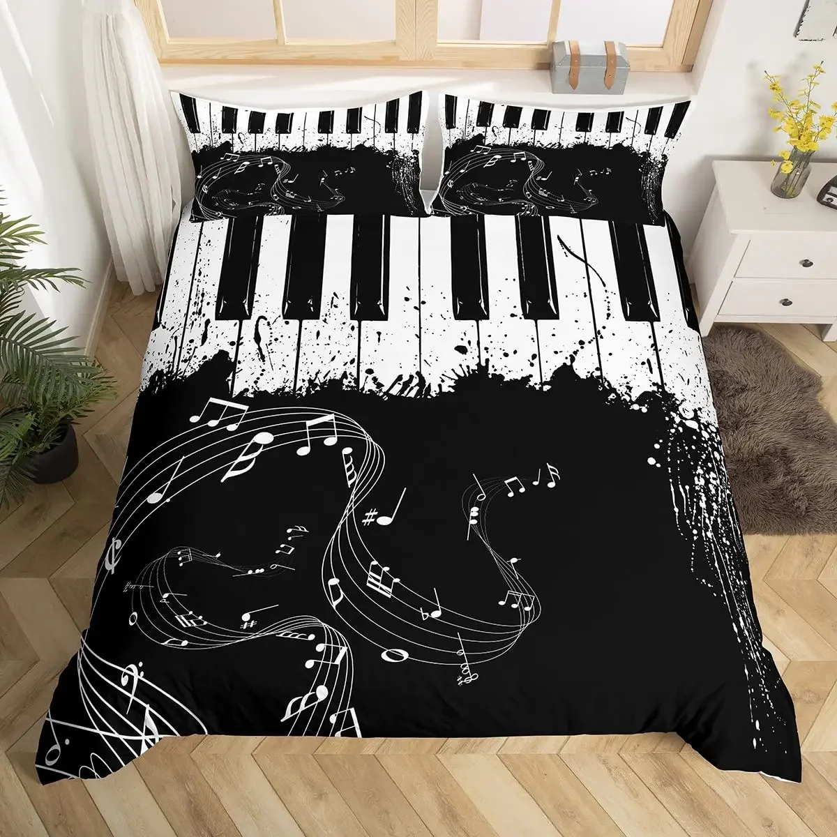 Piano Keys Rotating Musical Notes Duvet Cover Tie Dye Bedding Set for Kids Boys Girls Gifts Retro Music Theme Decor Balck White