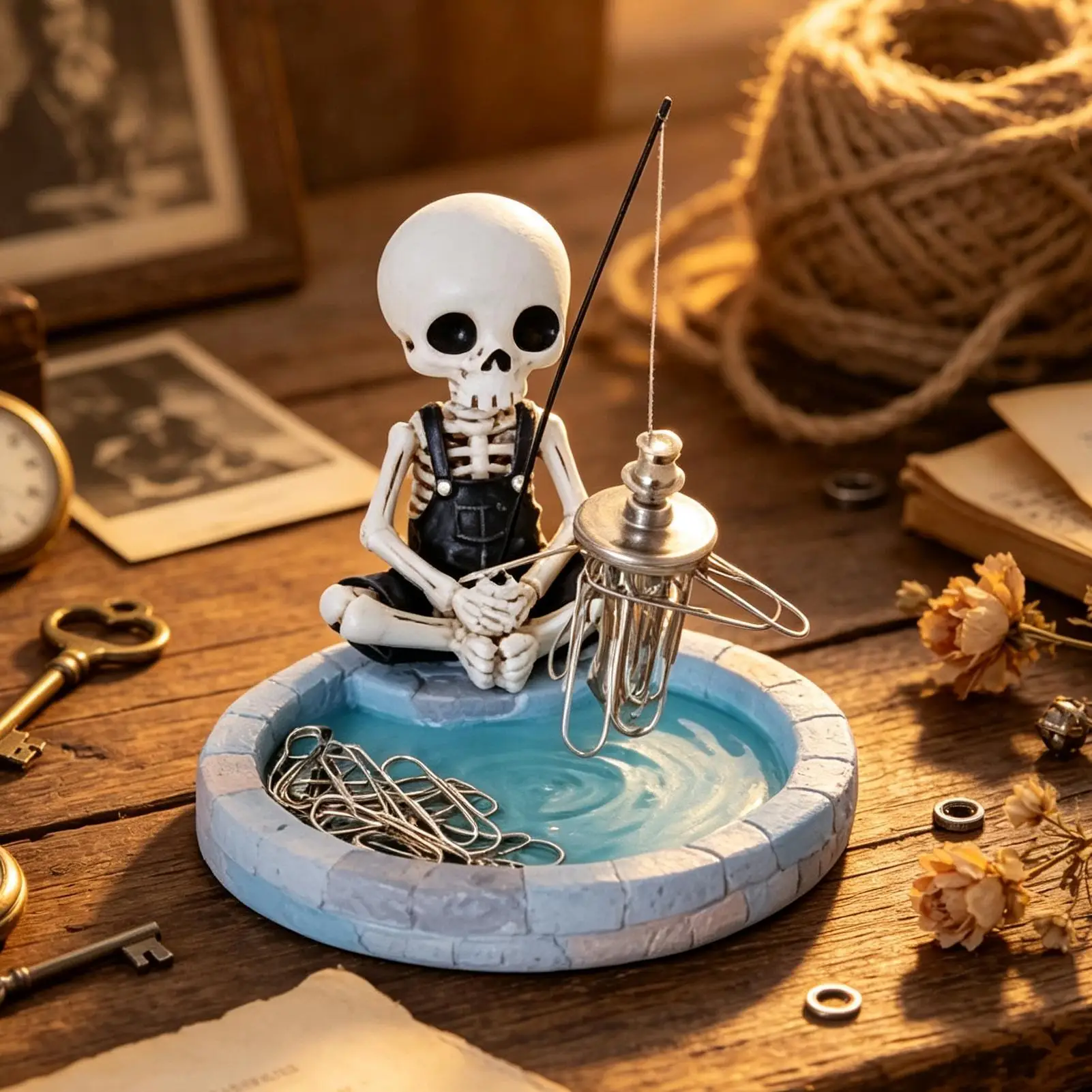 Funny Skeleton Fishing Figurine Magnetic Paper Clip Dispenser Skeleton Fishing Gothic Storage Tray Decorative Paper Clip Holder
