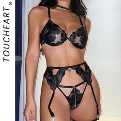 Toucheart 3-point T-Shaped Sexy Lingerie Set For Women Sexy Lace Embroidery Mesh Patchwork See-through Garters Underwear Set New