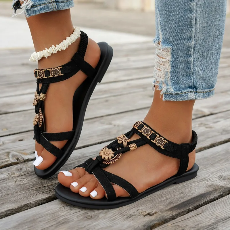 Damen-Sandalen, böhmische flache Sandalen, Sommermode, Blumen-Perlen-Sandalen, leichte, rutschfeste Strandschuhe, Outdoor-Sandalen mit offener Zehenpartie