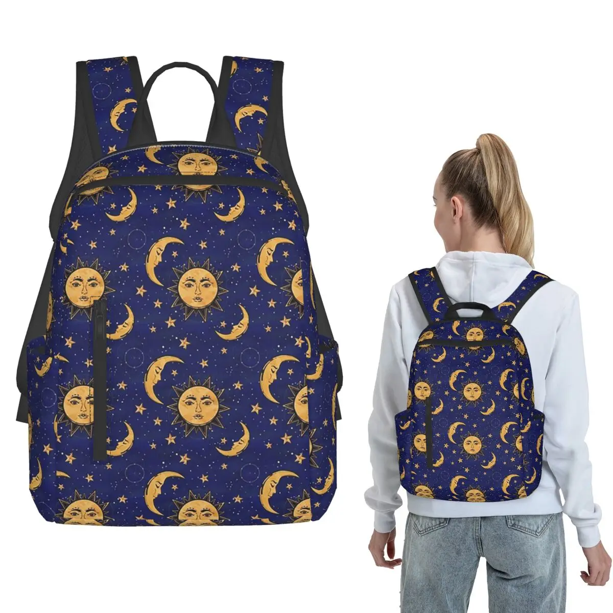 Blauer himmlischer Sonnen- und Mond-Rucksack, Tagesrucksack für Jungen und Mädchen, Büchertasche, Schultasche, Umhängetaschen für Männer und Frauen