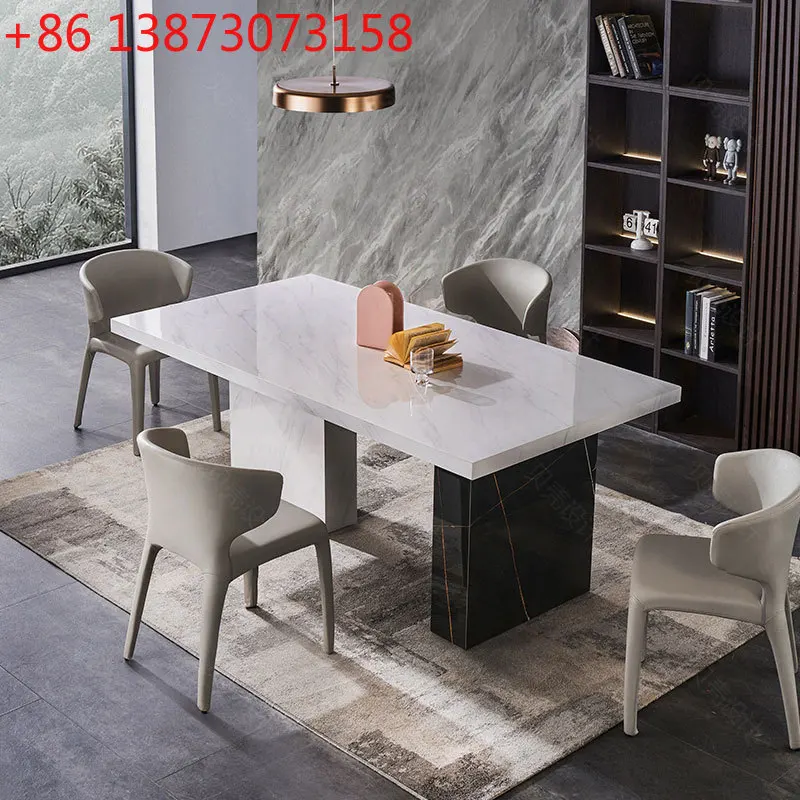 

Italian light luxury bright stone slab dining table and chairs household marble dining table